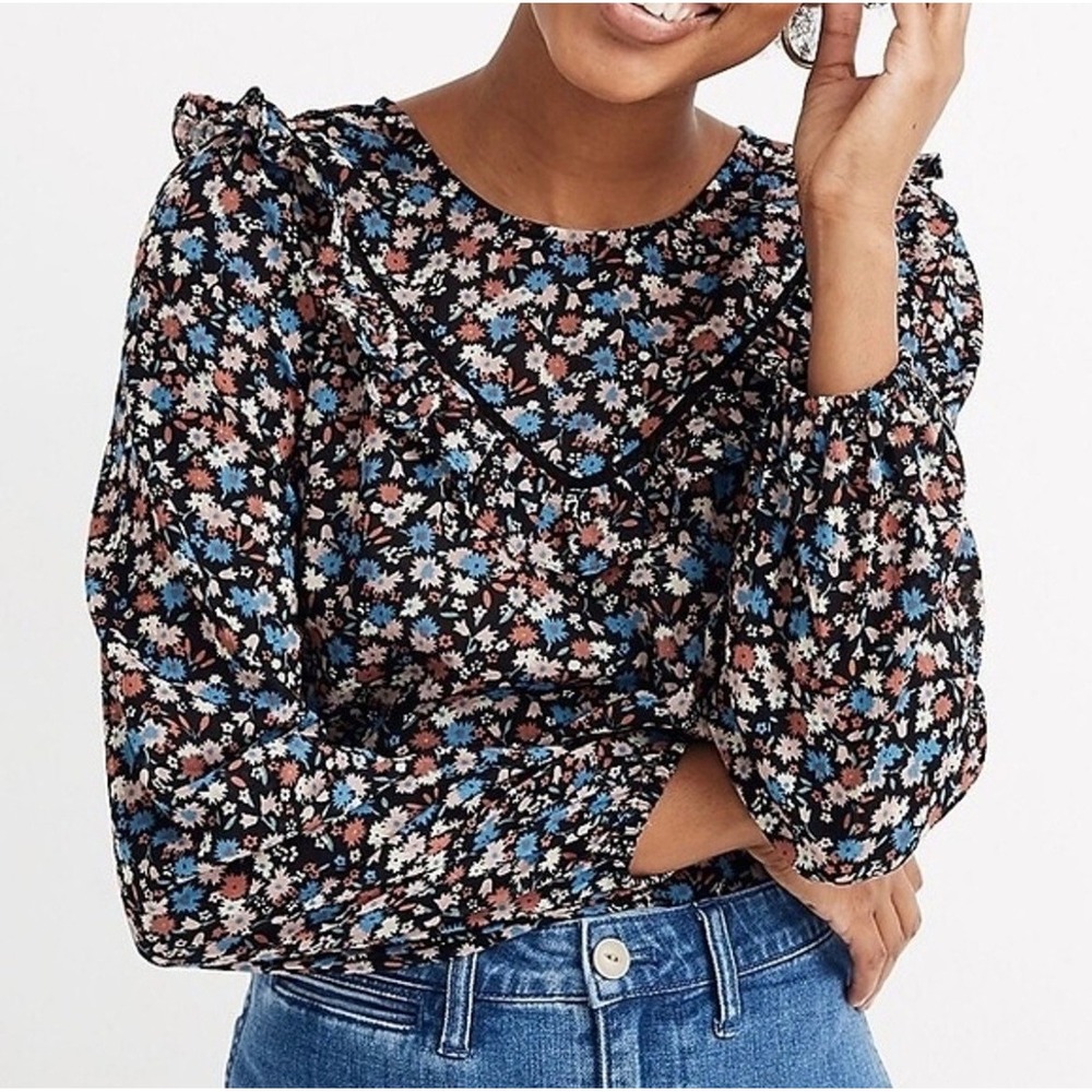 Madewell Floral Ruffle Yoke Eyelet Blouse XXS Black Blue Pink Cotton Long Sleeve